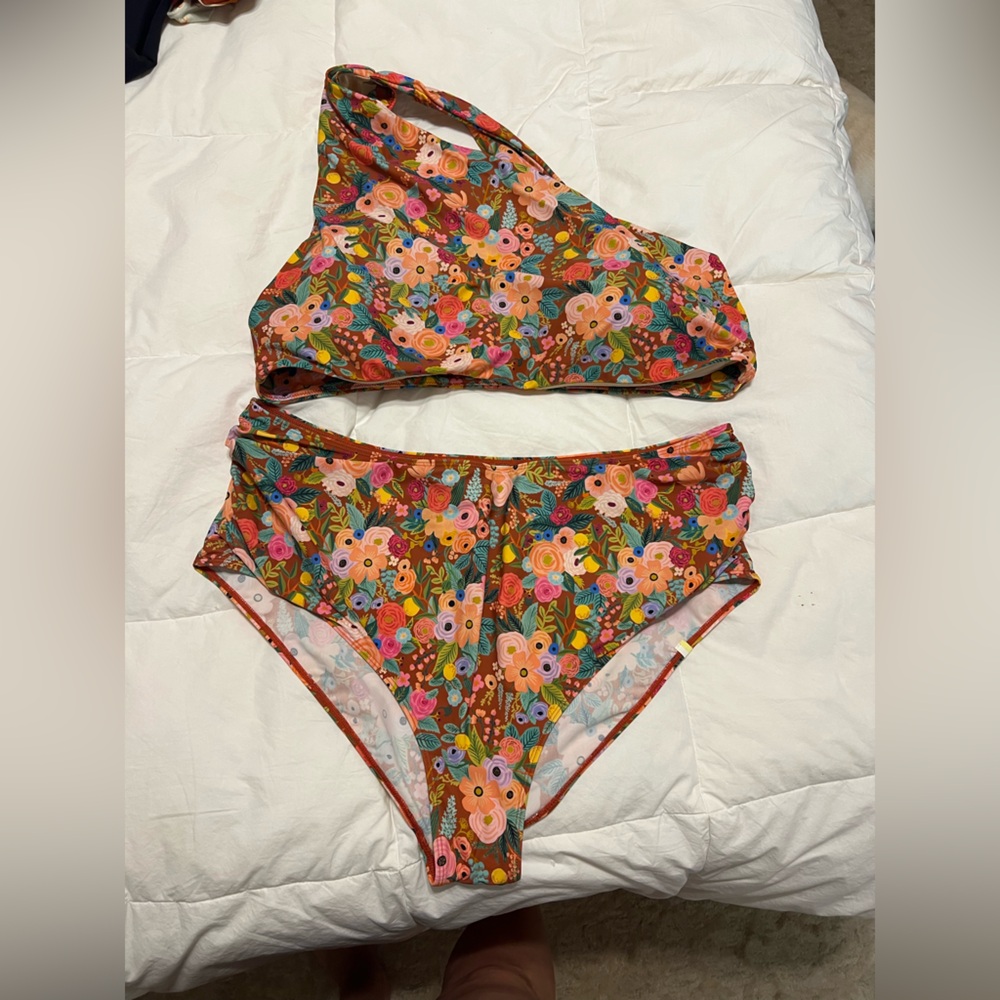 summersalt Floral One-Shoulder Bikini Set in Brown, Pink, Orange